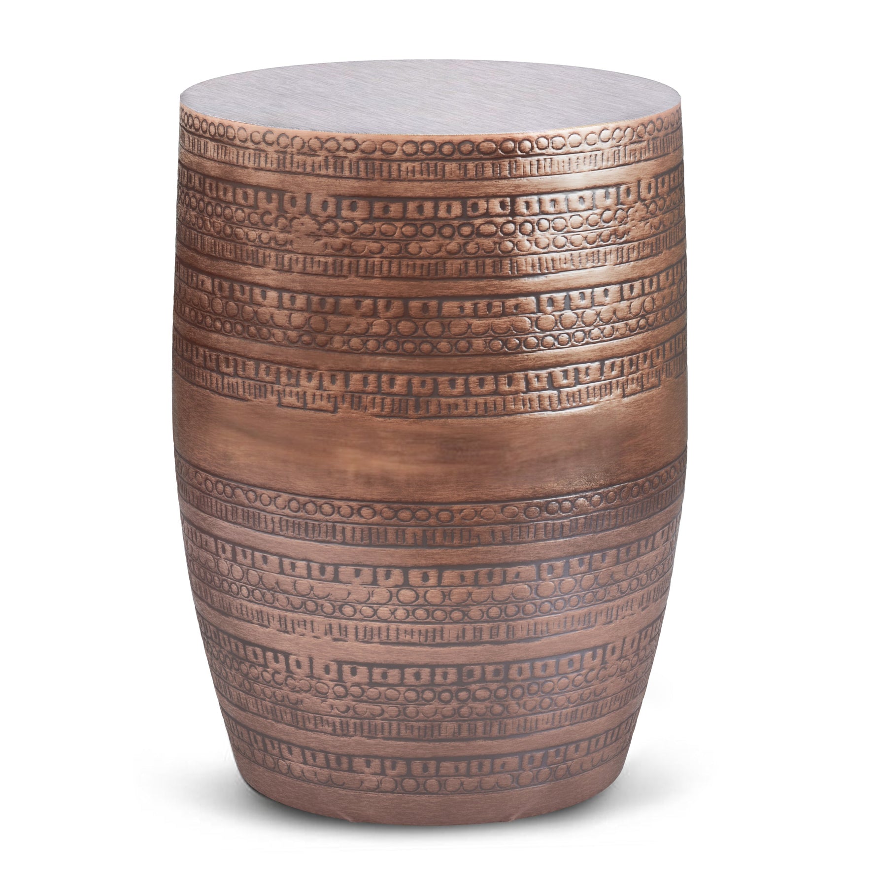 Johnsen 15 Inch Wide Tribal Pattern Metal Accent Table in Antique Copper