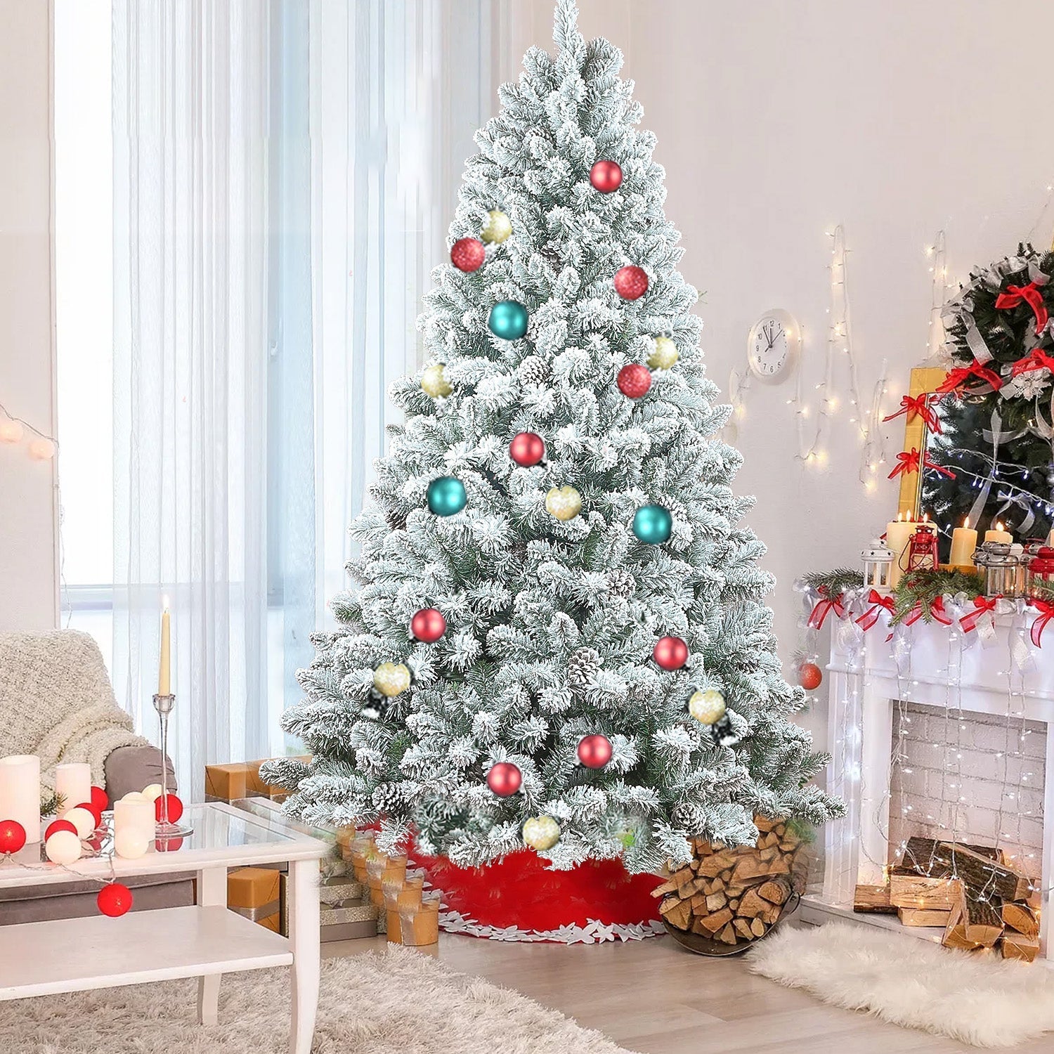 4FT Flocked Christmas Tree with Pine Cones and Snowy PVC Design
