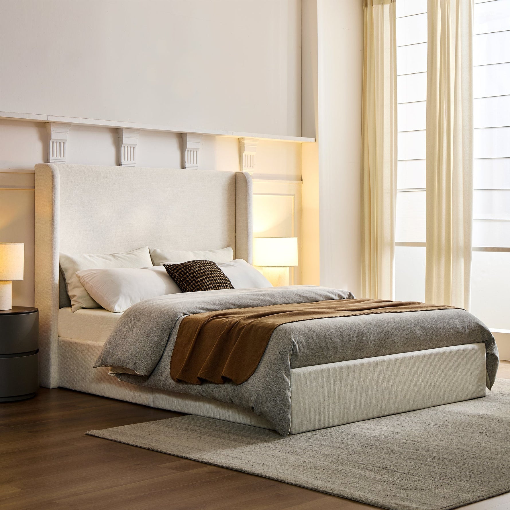 Caron Upholstered Wingback Bed with 52.3' High Headboard in Ivory Canvas Chenille