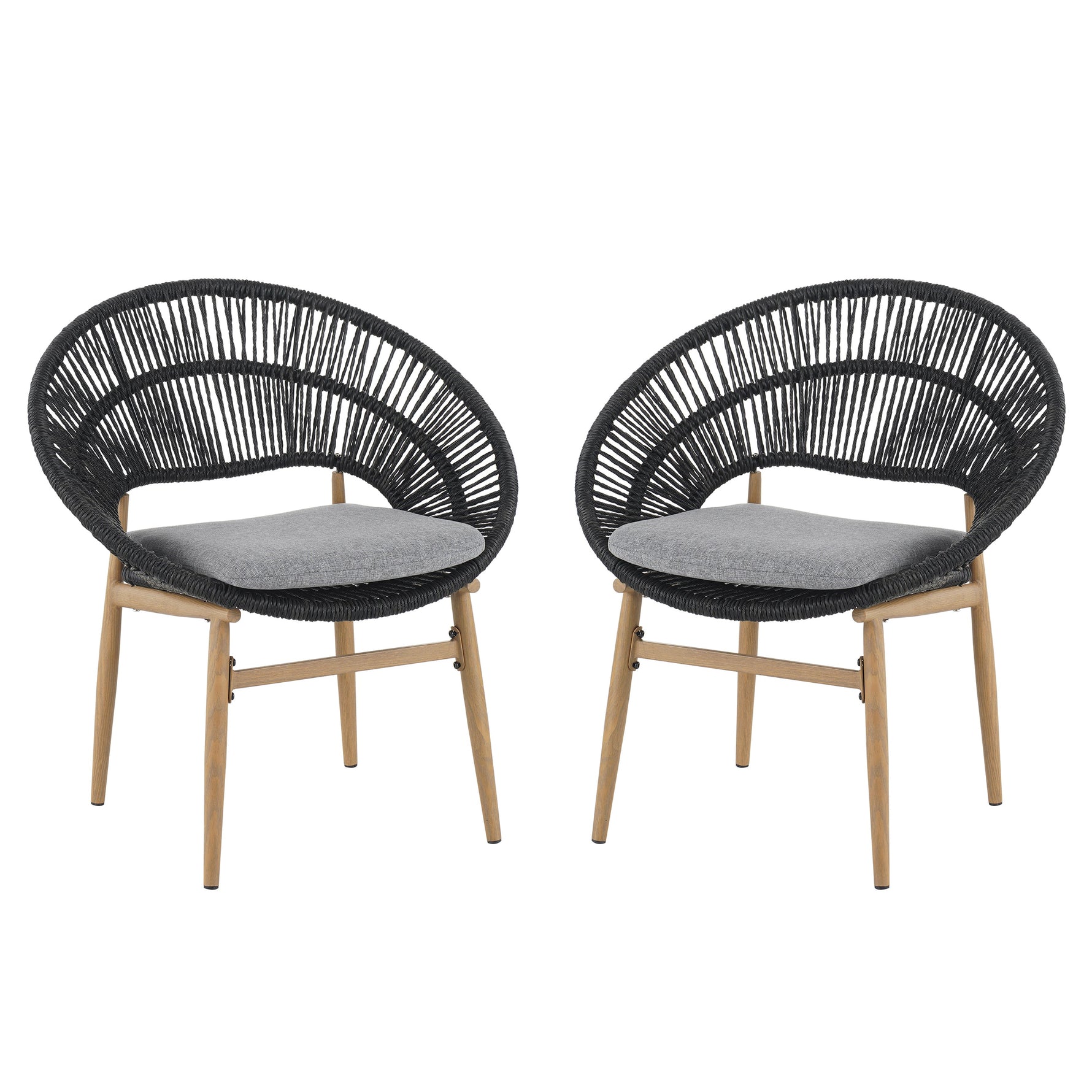 Cyril Outdoor Wicker Papasan Style Dining Chair with Teak Finished Leg and Dark Gray Faux Rattan - Set of 2