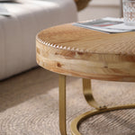 Modern Round Coffee Table with Wooden Carving Pattern and Metal Legs