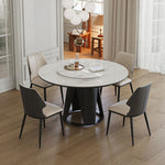 Modern Sintered Stone Dining Table With Round Turntable And Metal Pedestal - White