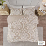King/Cal King 3 Piece Tufted Cotton Chenille Damask Duvet Cover Set