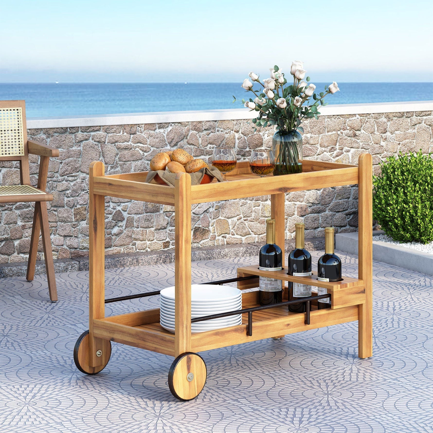 Bar Cart With Wine Bottle Holders - Black
