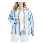 ANNE KLEIN Womens Blue Pocketed Slitted Shacket Striped Cuffed Sleeve Point Collar Button Up Top Plus 2X