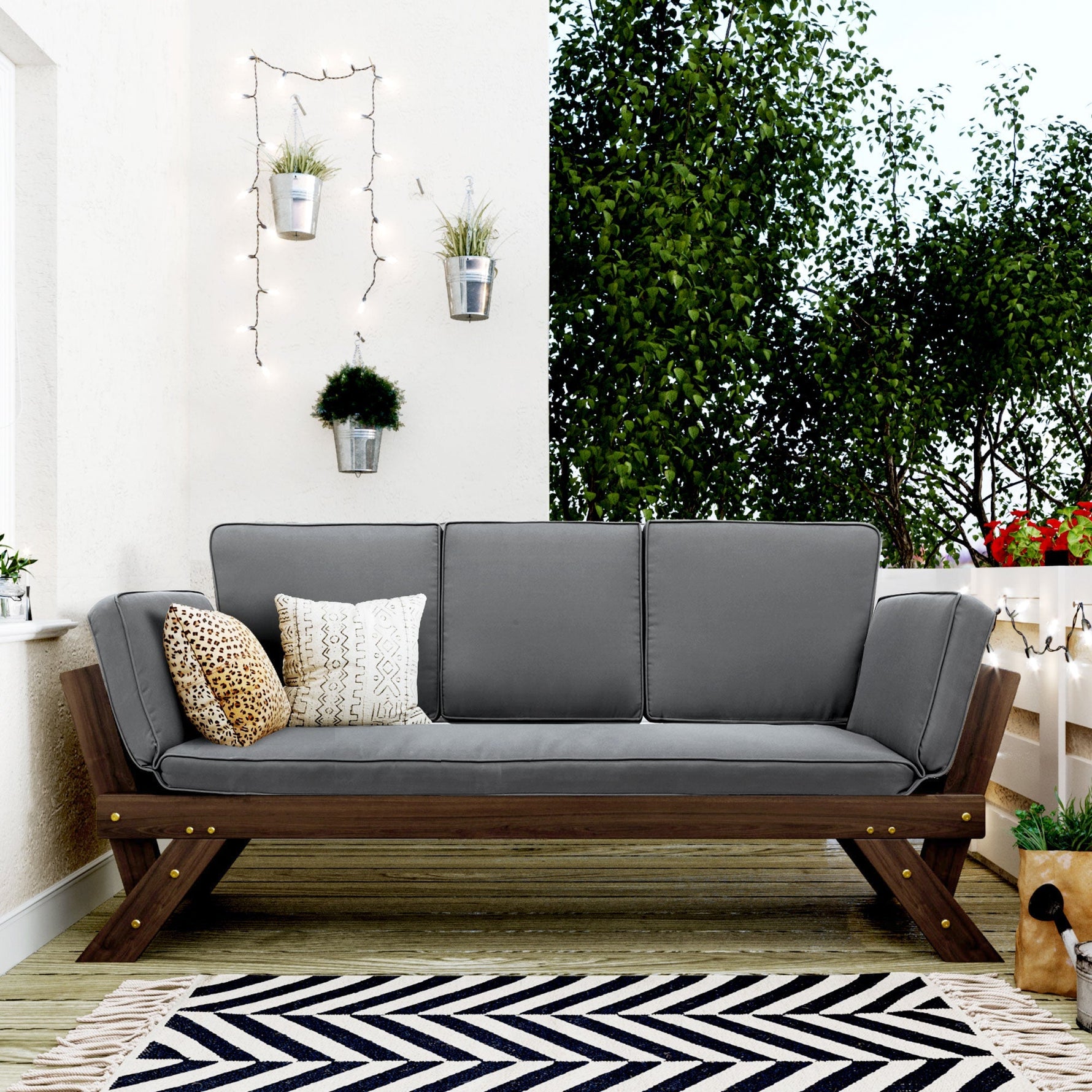TOPMAX Outdoor Adjustable Patio Wooden Daybed Sofa Chaise Lounge with Cushions