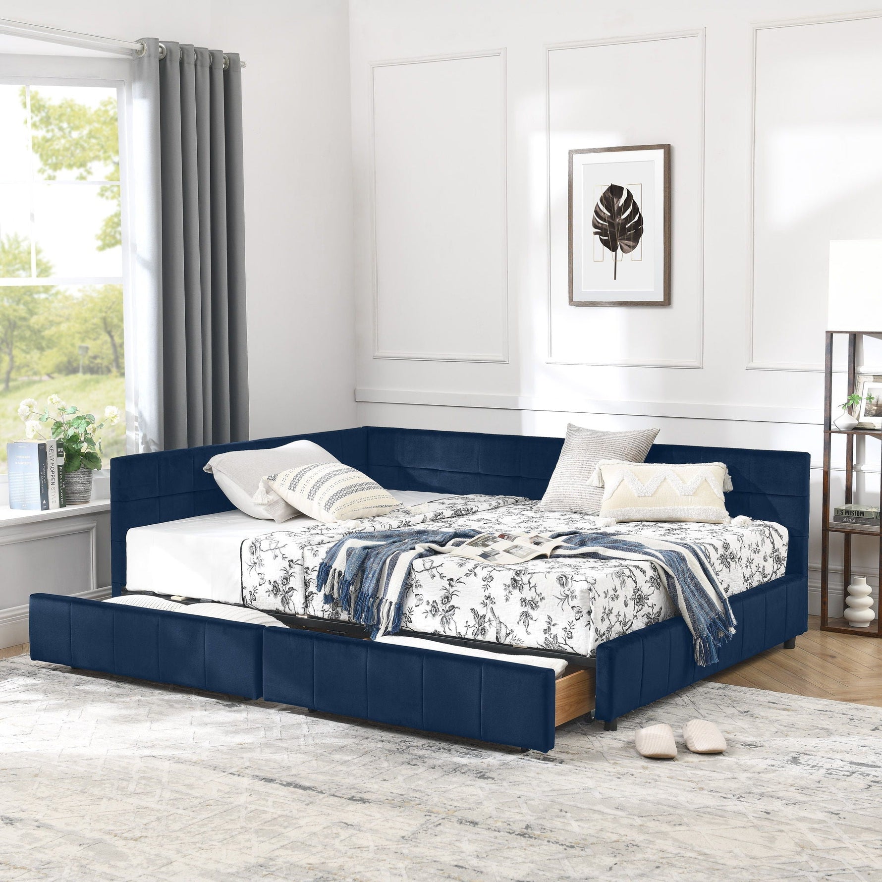 Mid-Century Storage Upholstered Tufted Bed Frame with Backrest and Armrests