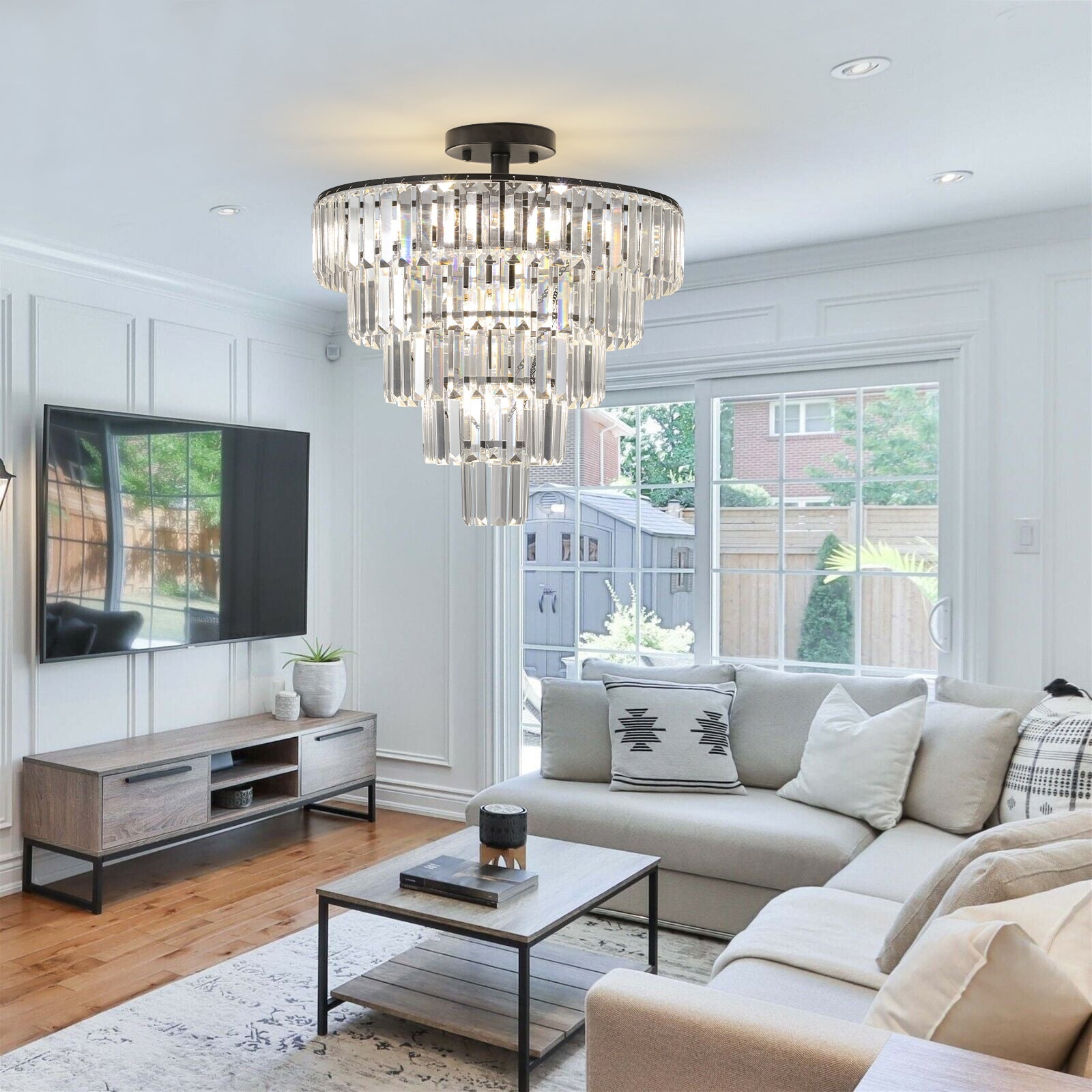 20' Black Crystal Chandelier Ceiling Light, Modern Luxury 10-Light Flush Mount