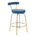 Rhonda Glam Counter Stool in Gold Metal and Blue Velvet - Set of 2