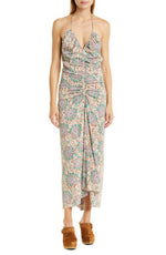 Veronica Beard Aldana Ruched Stretch Silk Dress in Caramel Multi