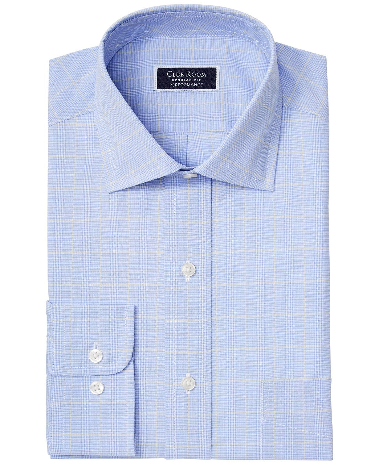 Club Room Men's Regular Fit Stretch Small Glen Plaid Dress Shirt Blue Size 17X34X35