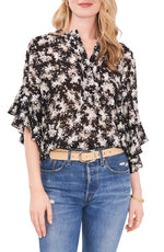 Vince Camuto Ruffle Sleeve Split Neck Blouse in Rich Black, Size X-Small