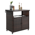 Outdoor Wicker Bar Cart with Glass Top and Wheels - Light Brown