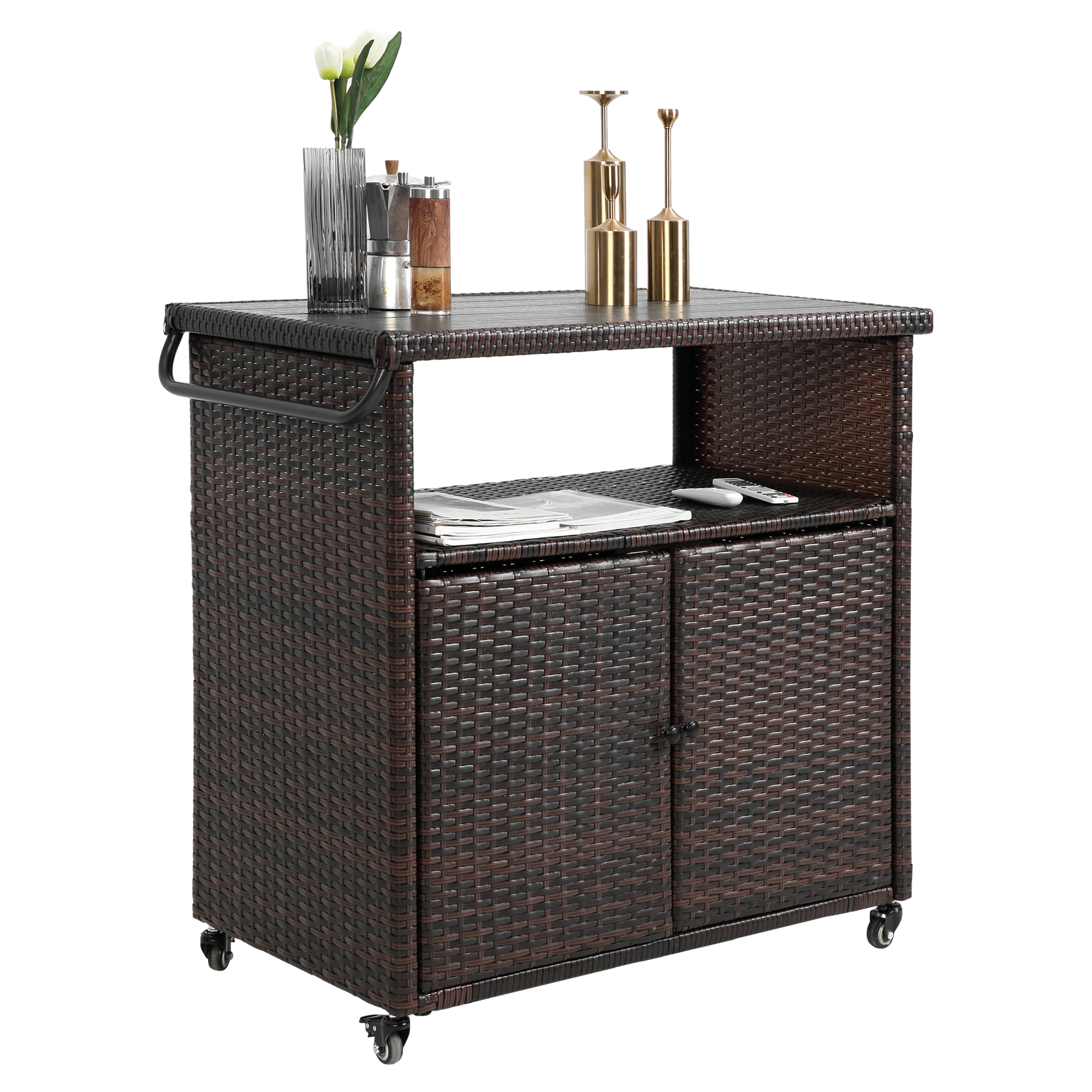 Outdoor Wicker Bar Cart with Glass Top and Wheels - Light Brown