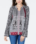Mixed Print Peasant Top with Tassel Ties