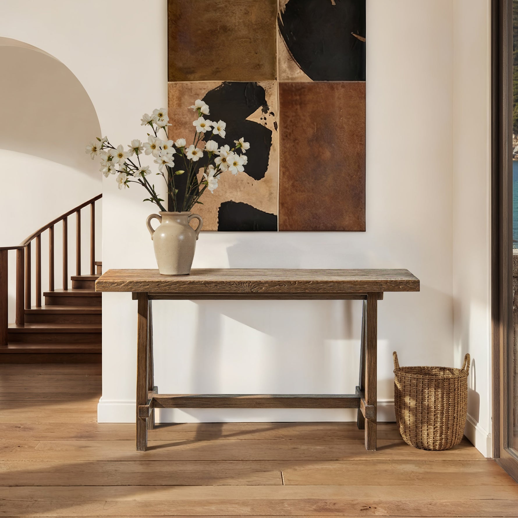 Hawthorne 60'' Solid Reclaimed Elm Trestle Console Table, Heritage Medium-Dark Brown