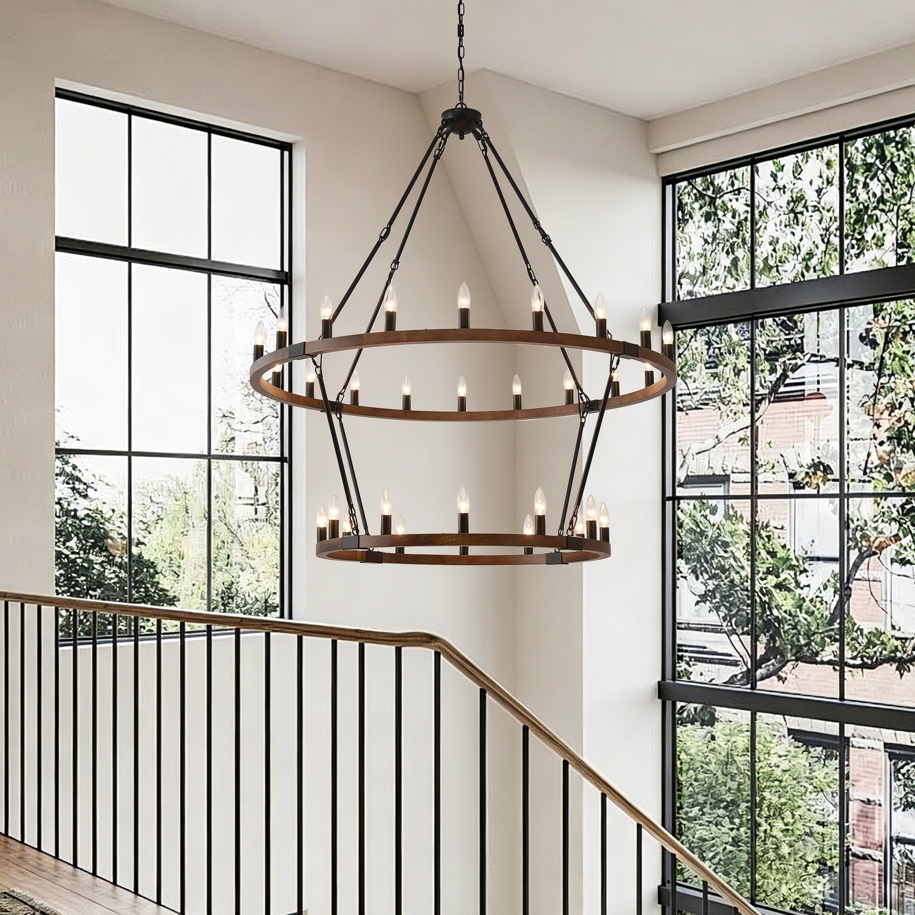 Large Solid Wood Wagon Wheel Chandelier, 2-Tier 32-Lights