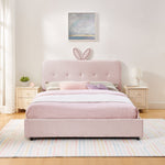 Queen Size Kids Upholstered Bed with Rabbit Ear Headboard & Storage
