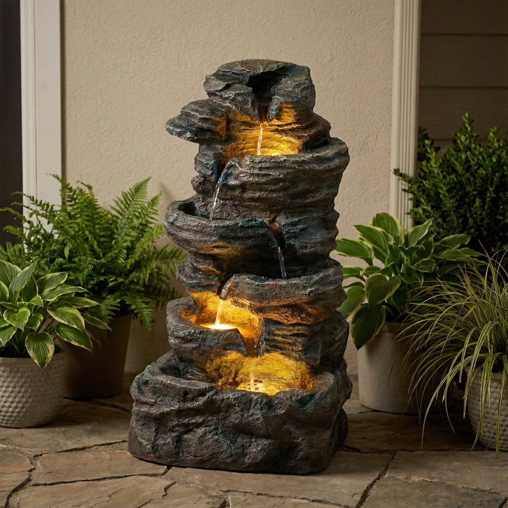 6-Tier Outdoor Cascading Stone Water Fountain with 3 LED Lights