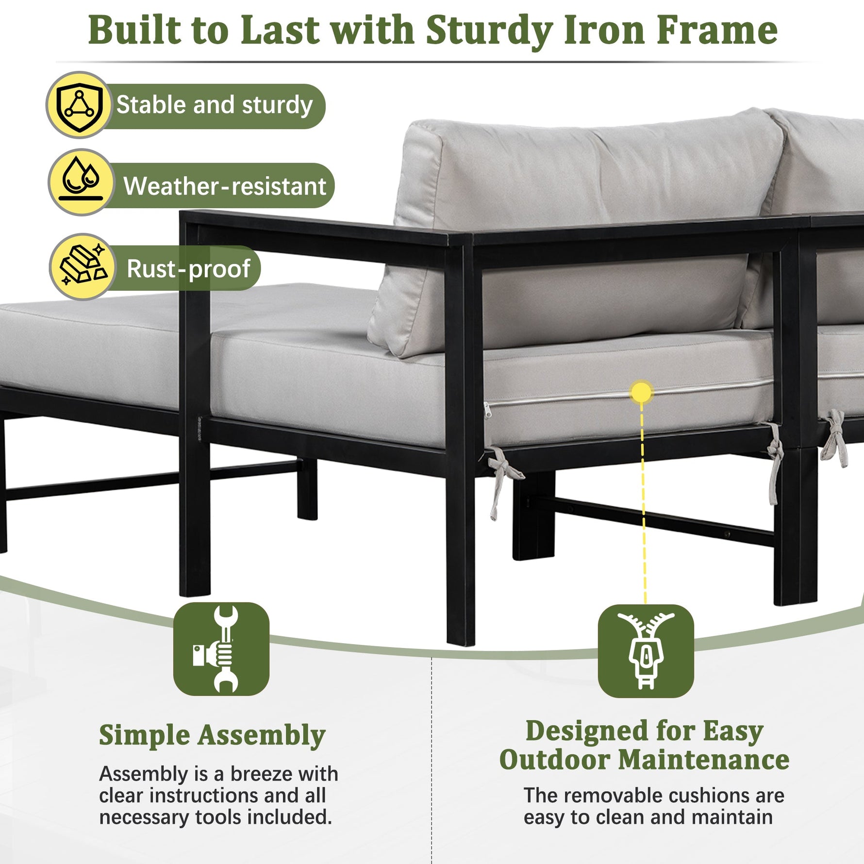 U_style Outdoor L-Shaped Sofa with Iron Frame and Ultra-Thick Cushions