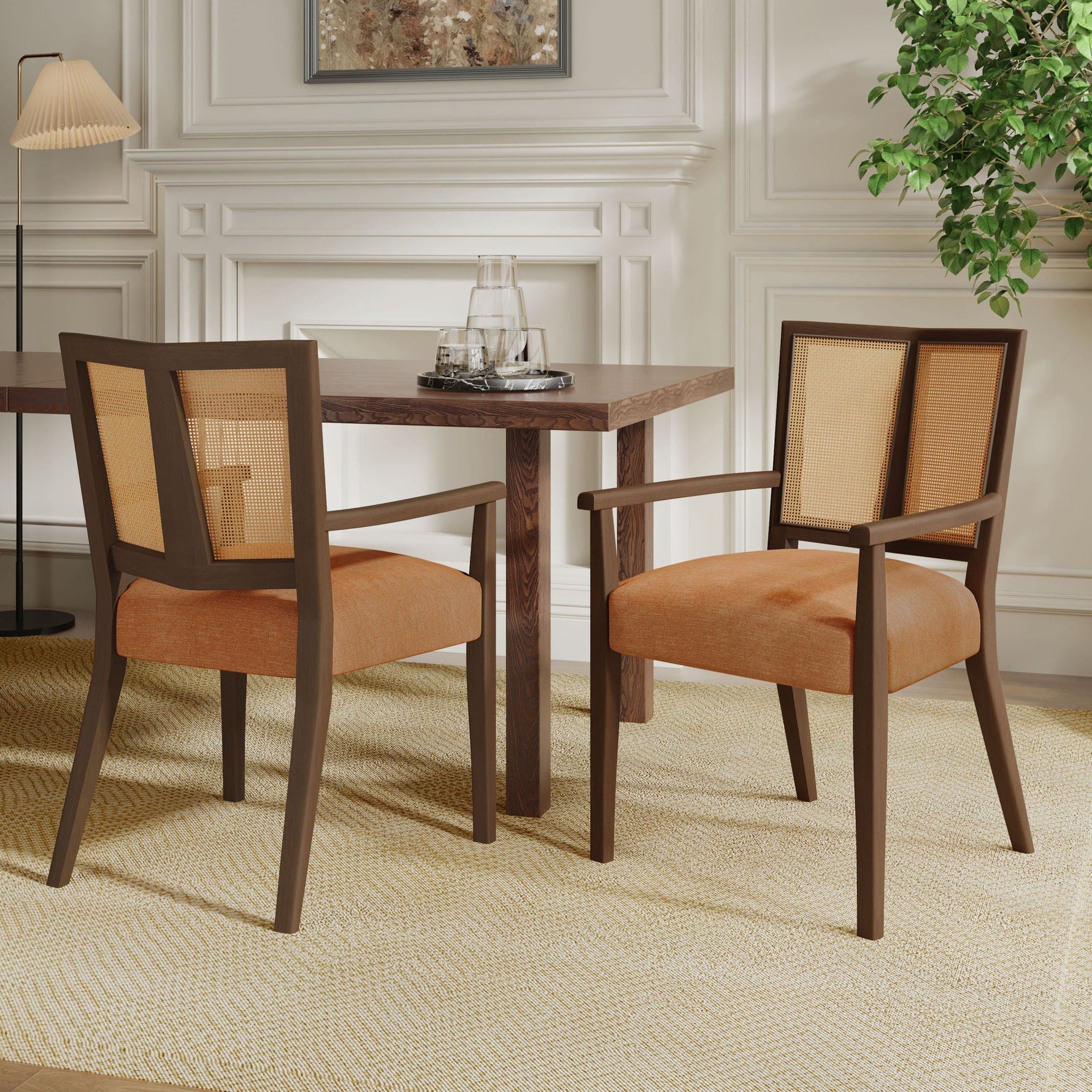 Mid Century Modern Arm Dining Chair Set with Rattan Backrest