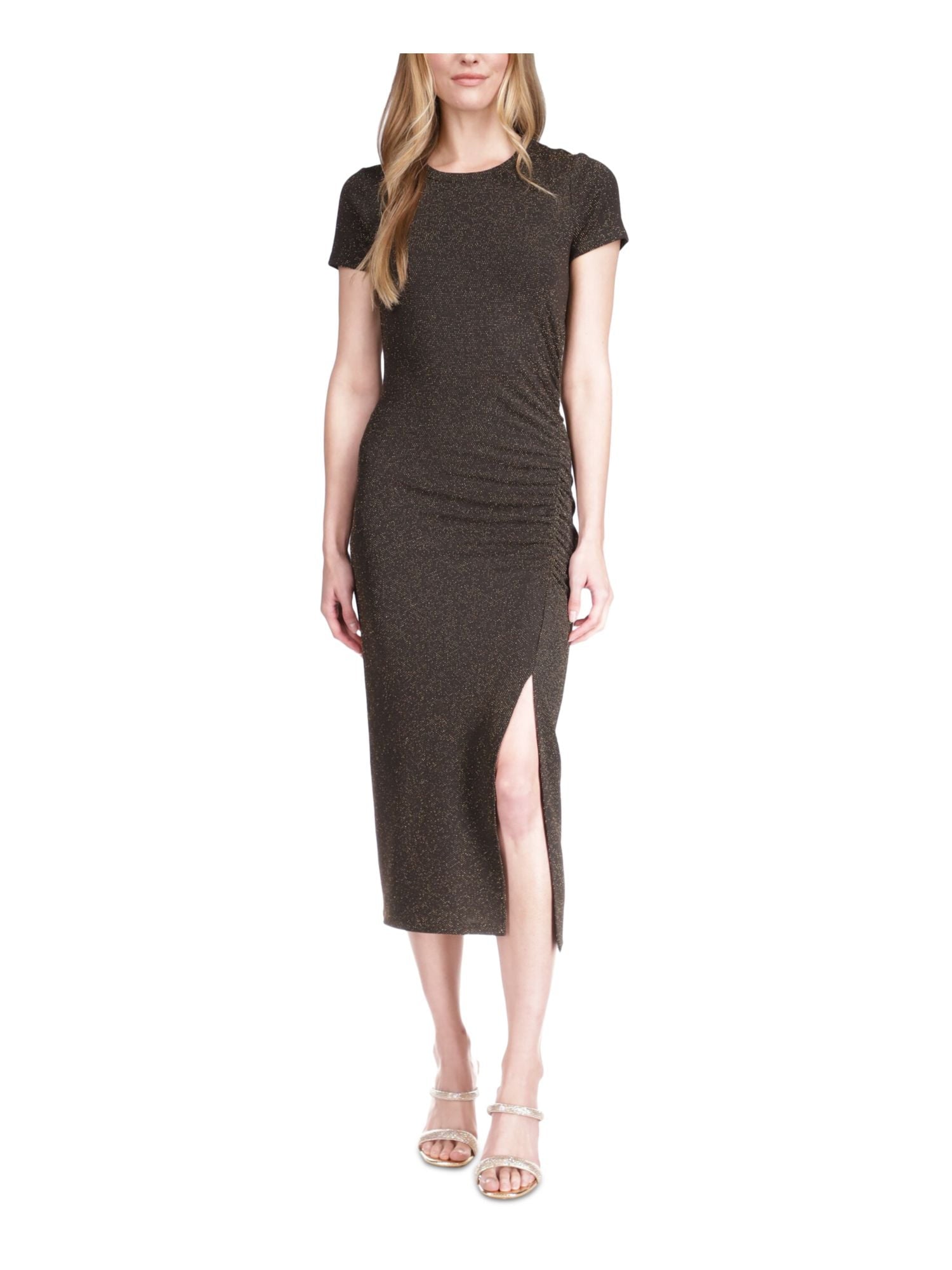 Michael Kors Women's Metallic Ruched Short Sleeve Midi Dress Grey Size X-Large