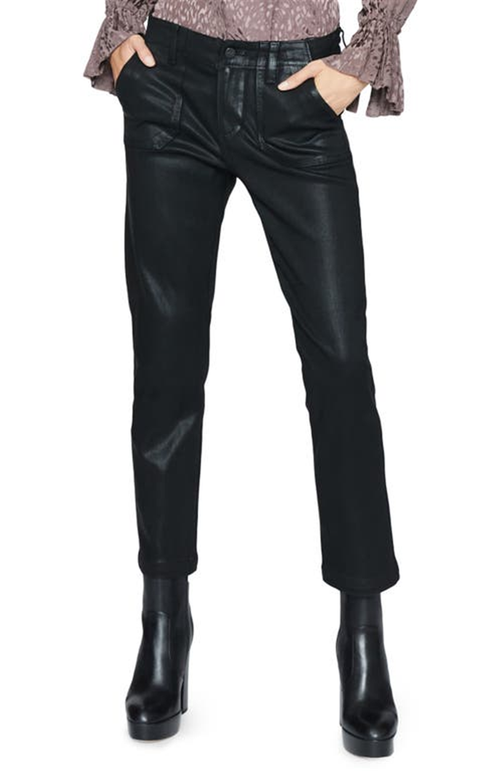 PAIGE Mayslie Coated Ankle Straight Leg Pants in Black Luxe Coating , Size 29 Black Size 29-28