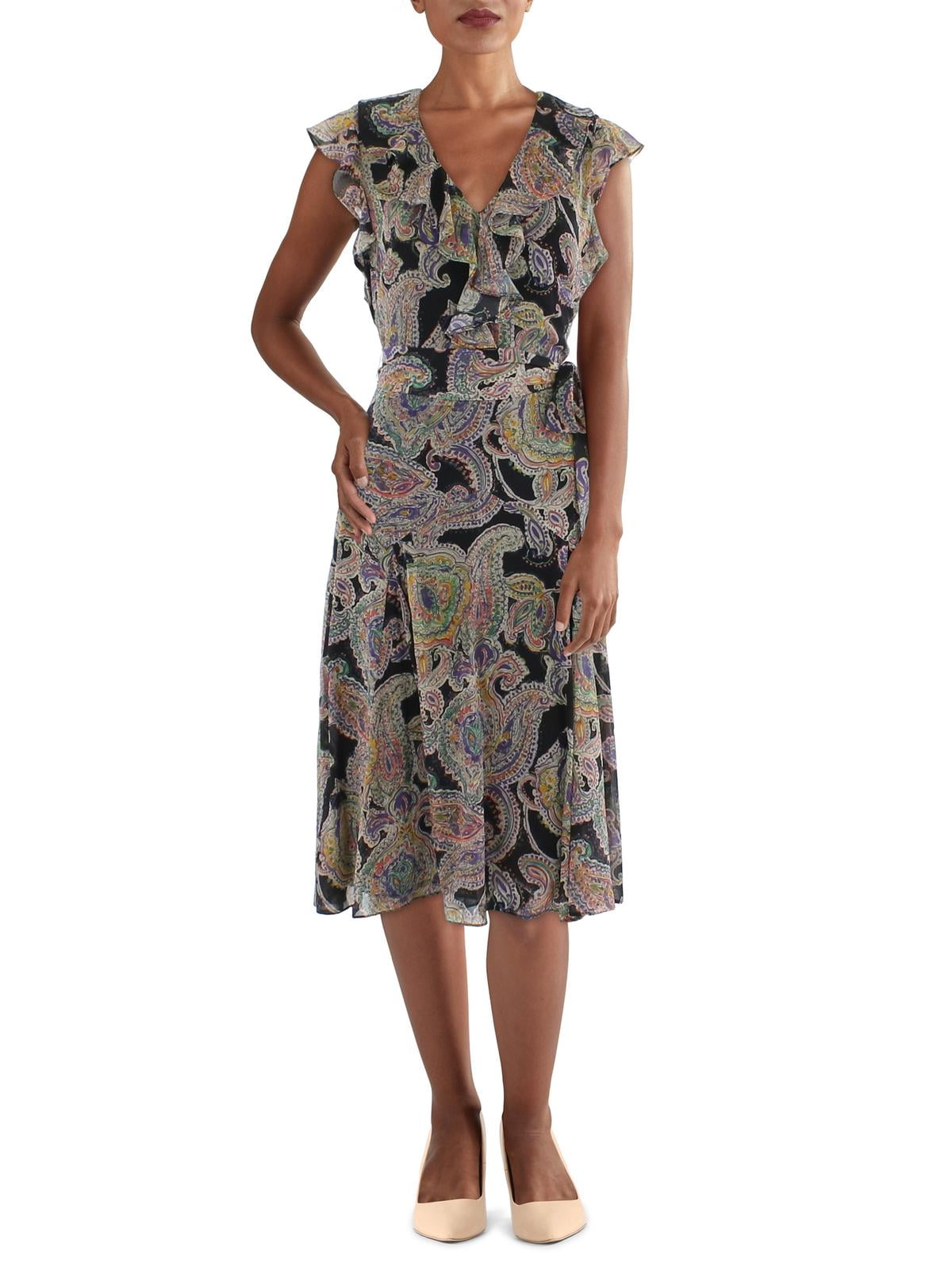 Lauren Ralph Lauren Womens Ruffled V Neck Midi Dress Black
