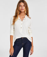 Tommy Hilfiger Women's Faux Suede Trim Henley Top White Size Large