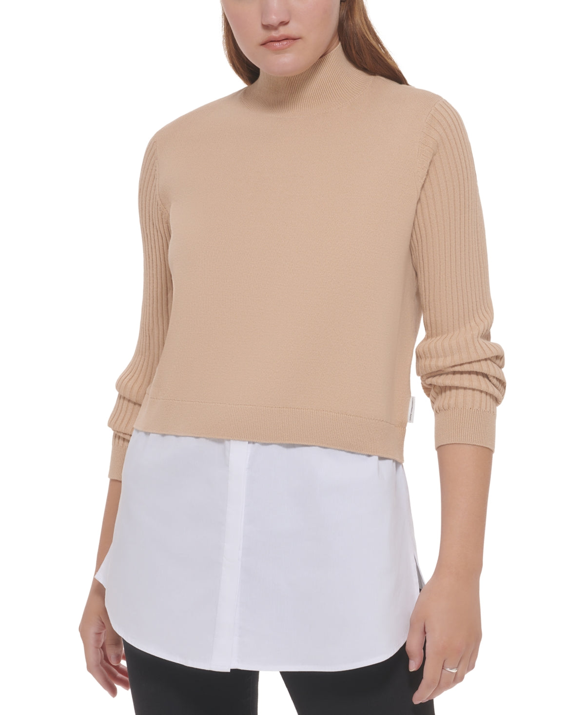 Calvin Klein Jeans Women's Mixed Media Long Sleeve Sweater Beige Size Large