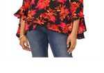 Vince Camuto Printed V Neck Layered Hem Top Black