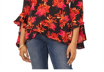 Vince Camuto Printed V Neck Layered Hem Top Black