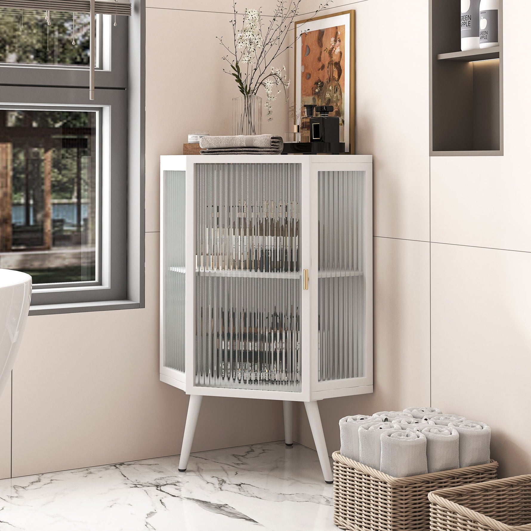 Corner Cabinet With Door And Shelves For Bathroom - White