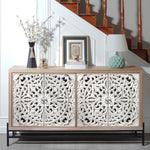 4 Door Wood Cabinet, Vintage Carved Wood with Metal Base