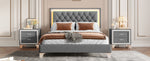 3-Pieces Bedroom Set, Queen Size Upholstered Platform Bed with LED Lights and Two Nightstands - Gray