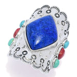Southwest Elements Lapis, Mohave Kingman Turquoise & Red Coral Ring