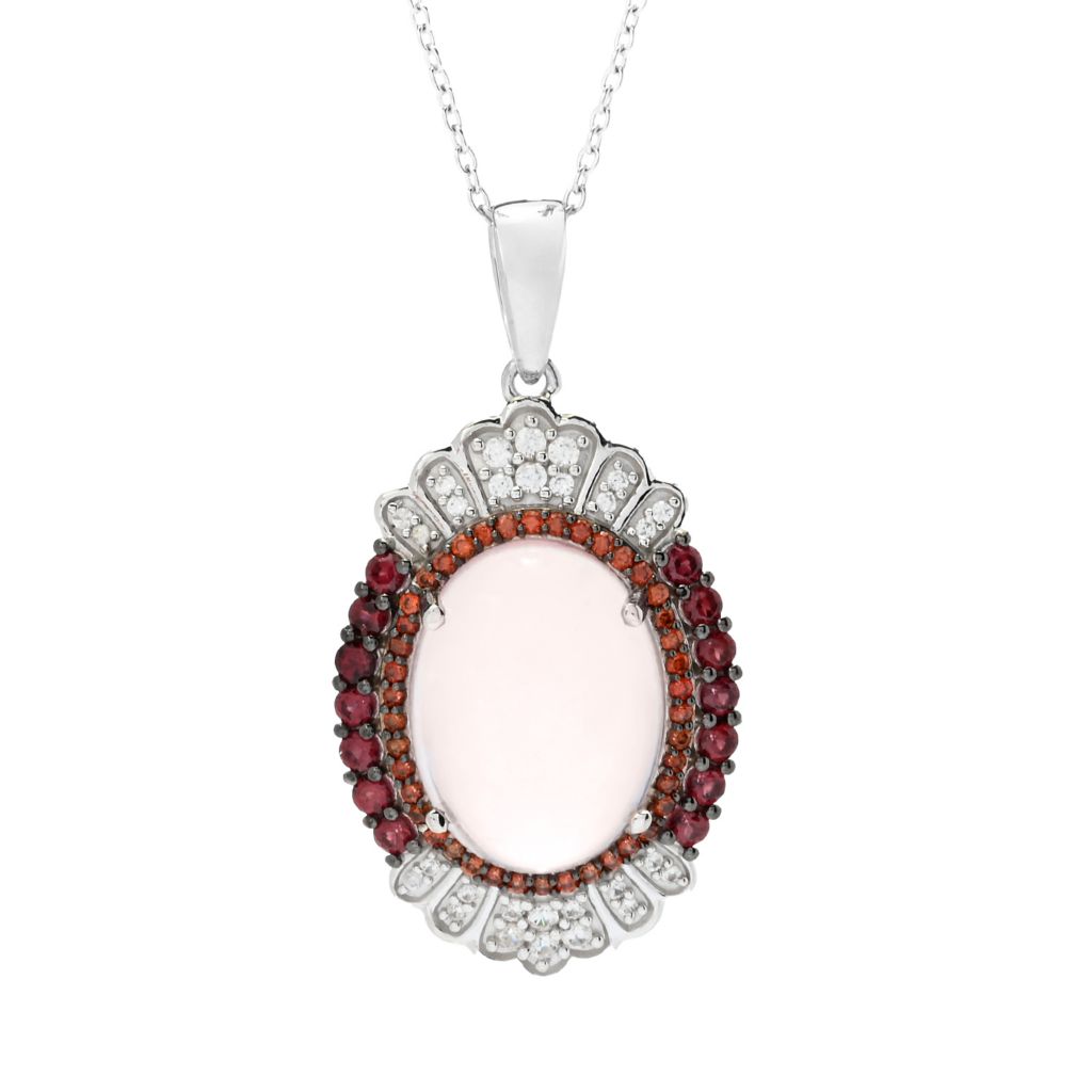 Gem Treasures 16x12mm Rose Quartz, Rhodolite Garnet & Zircon Pendant w/ Chain