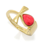 Passport to Egypt 18K Gold Plated 8x6mm Pear Shape Red Coral Ankh Cross Ring