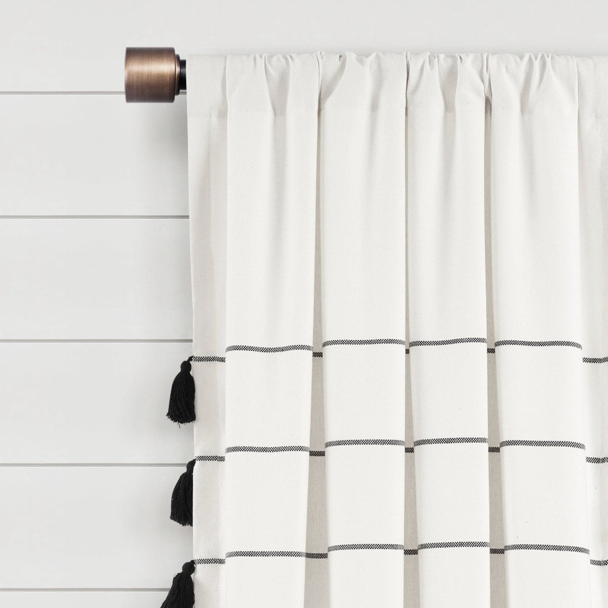 Farmhouse Boho Stripe Woven Tassel Yarn Dyed Recycled Cotton Blend Window Curtain Panel Set