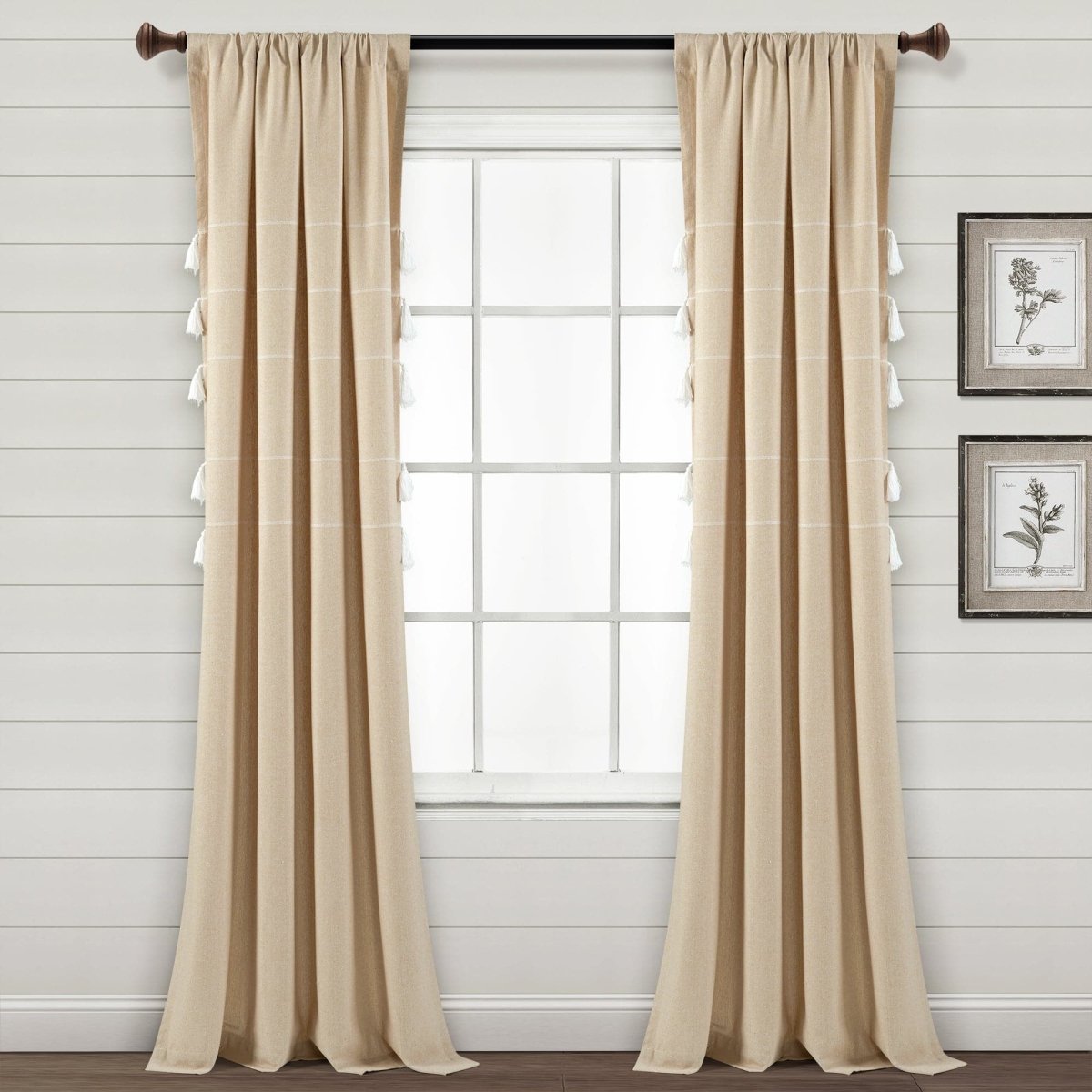 Farmhouse Boho Stripe Woven Tassel Yarn Dyed Recycled Cotton Blend Window Curtain Panel Set