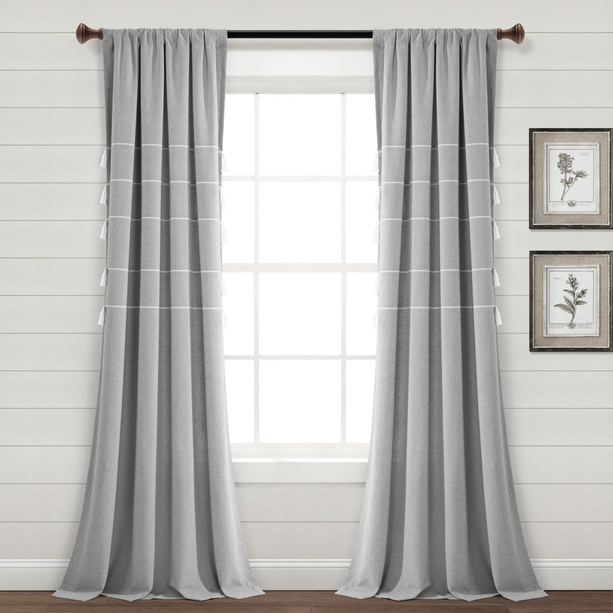Farmhouse Boho Stripe Woven Tassel Yarn Dyed Recycled Cotton Blend Window Curtain Panel Set