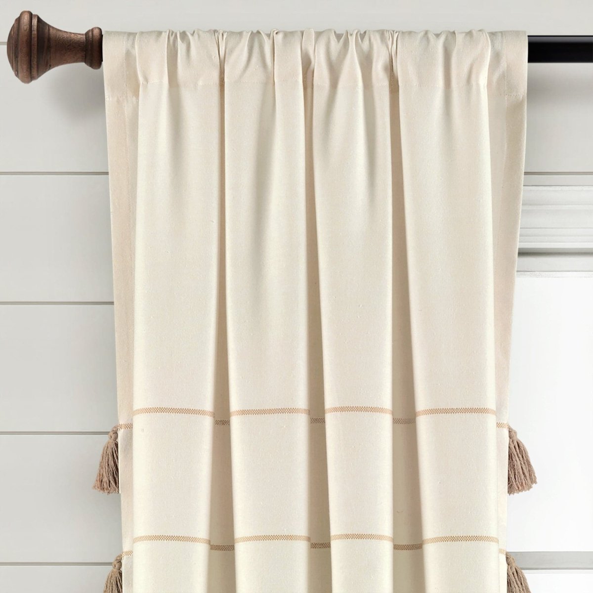 Farmhouse Boho Stripe Woven Tassel Yarn Dyed Recycled Cotton Blend Window Curtain Panel Set