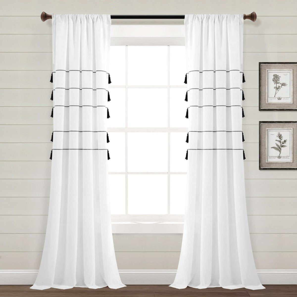 Farmhouse Boho Stripe Woven Tassel Yarn Dyed Recycled Cotton Blend Window Curtain Panel Set