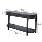 59.2in Black Carved Wooden Console Table with Lower Storage Shelf and Drawers