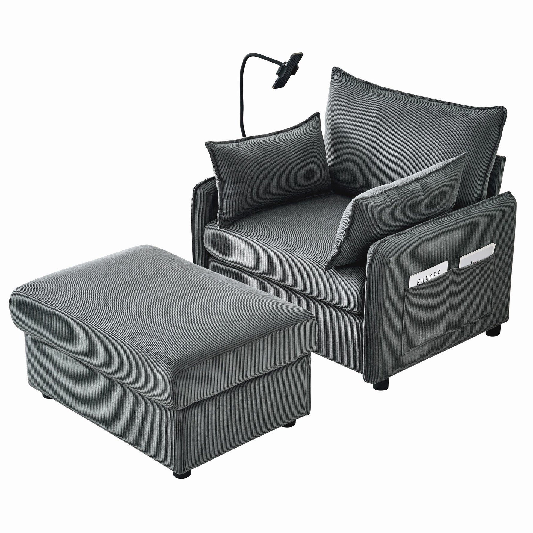 Comfy Corduroy Oversized Chaise Lounge Chair with Ottoman and Storage