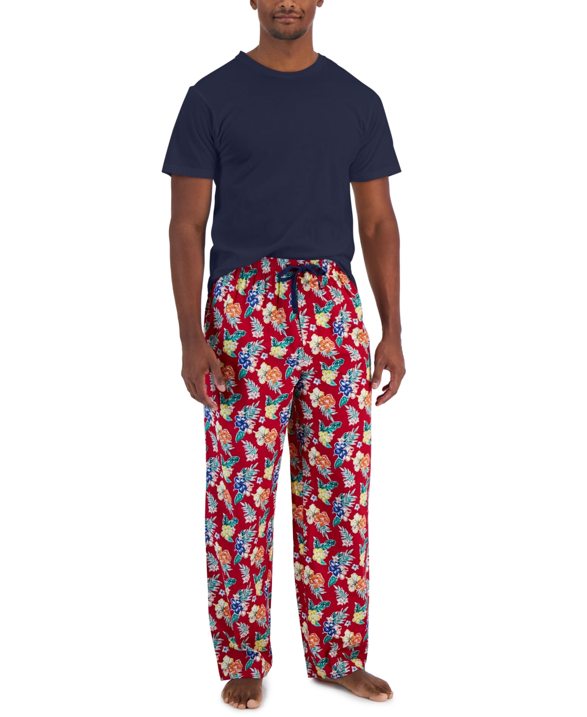 Mens Solid Top and Tropical Pants Pajama Set