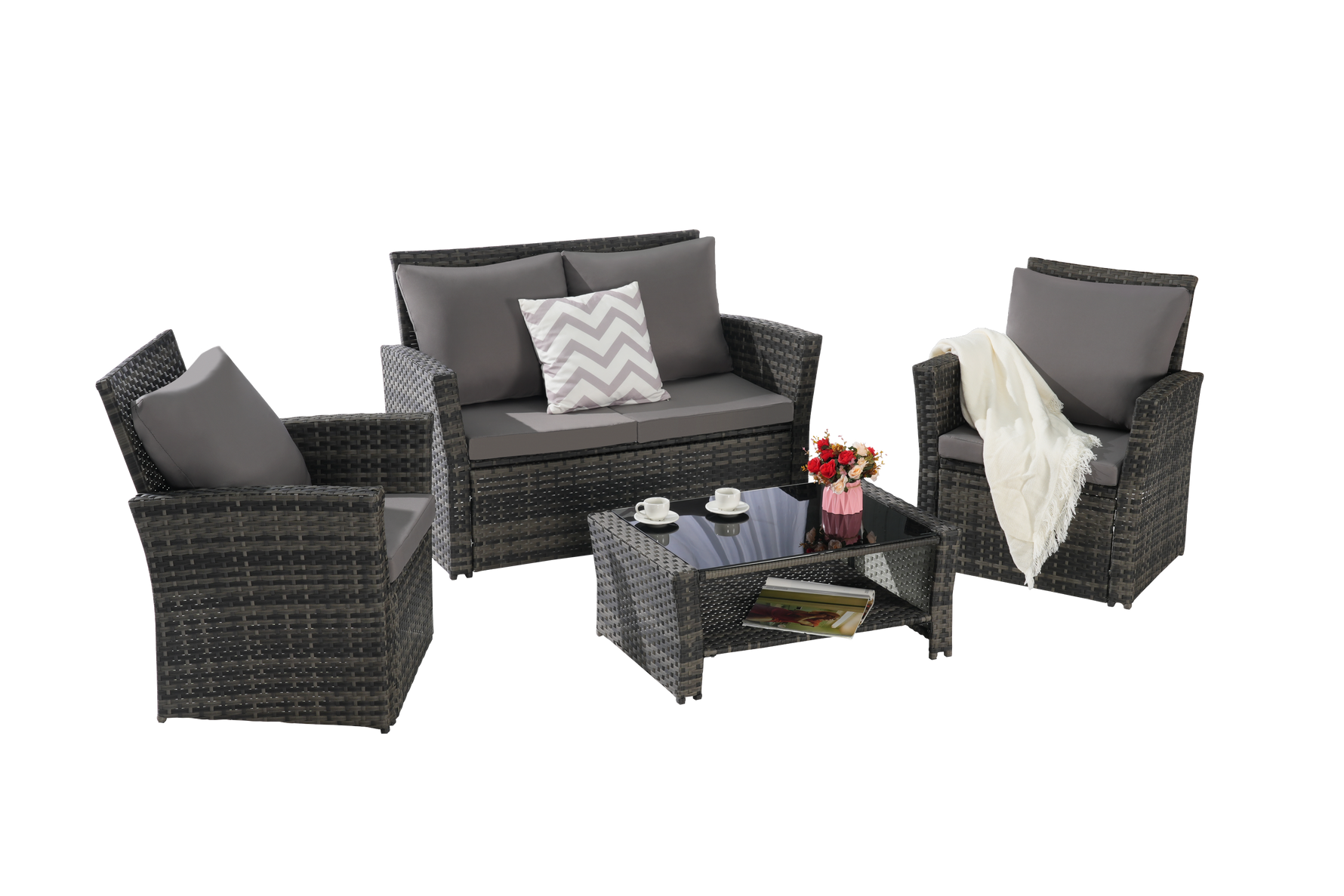 4 Pieces Outdoor Patio Furniture Sets Garden Rattan Chair Wicker Set