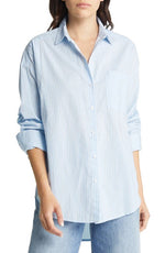 VERO MODA Stripe Oversize Cotton Shirt in Blue Bell, Size Medium