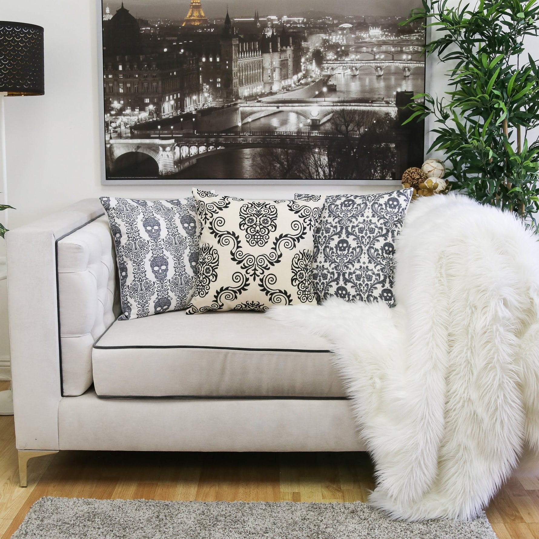 Baroque Skull Damask Accent Pillow – Black & White Day of the Dead Accent Cushion