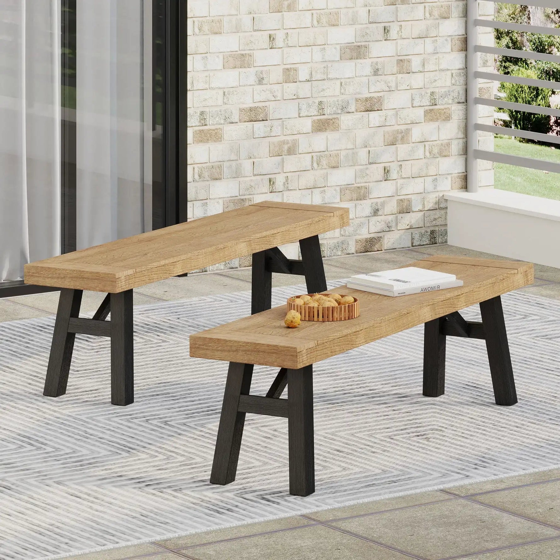 Outdoor Bench With Slat Panel Design And Acacia Wood Frame
